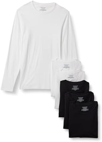 Amazon Essentials Mens Slim Fit Cotton Crew Neck Undershirts, Black/White Long Sleeve, Medium