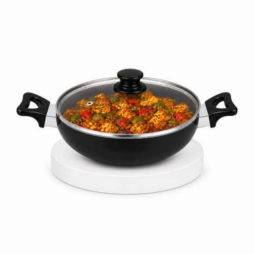 Image of BALTRA 5L Induction Base Hard Anodised Aluminium Kadhai with Lid | Durable, Even Heating, Scratch-Resistant Cookware kadai 3mm Thick (28 cm, Black)