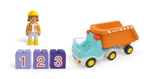 Playmobil 71685 Junior : Camion Benne - Comprenant Un Ouvrier du bâtiment et Trois Pierres empilables - Jouet fabriqué à partir de matière d'origine végétale - Dès 12 Mois