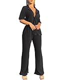 YAMOM Summer 2 Piece Outfits for Women Casual Pleated Pants Short Sleeve Button Down Shirt Trouser Sets Suit