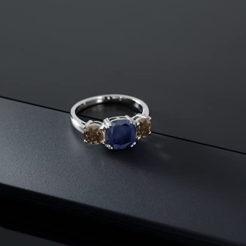 Gem Stone King 925 Sterling Silver Blue Sapphire and Brown Smoky Quartz 3 Stone Engagement Ring For Women (3.82 Cttw, Gemstone September Birthstone, Cushion 8MM, Available in Size 5,6,7,8,9)3