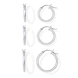 PAVOI Rhodium Plated 925 Sterling Silver Posts Small Hoop Earrings for Women - Trendy Thin Huggie Piercing Pack - Three Pair Earscape Gold Hoop Earring Set