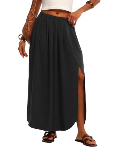 HiMONE Elegant Long Skirt for Women Boho Maxi Skirt with Elastic Waist Side Slit for Church Office Spring Wear