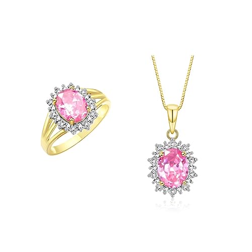 Image of Rylos Women's Yellow Gold Plated Silver Princess Diana Ring & Pendant Set. Gemstone & Diamonds, 9X7MM Birthstone. Matching Friendship Jewelry, Sizes 5-10.