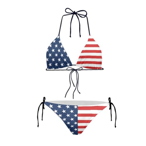 JEOCODY American Flag Women 2 Piece Bikini Swimsuit for Beach Sexy Triangle Bathing Suit Halter Triangle String High Waisted Bikini Sets Patriotic Fourth of July Memorial National Independence Day