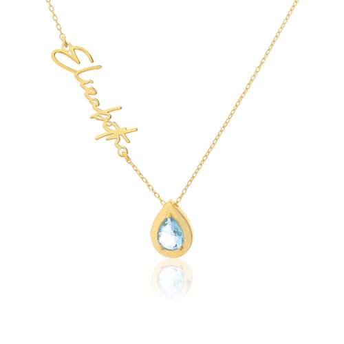 Personalized Birthstone Necklace with Name, 925 Sterling Silver Gold Plated Custom Sideways Name Necklace, Jewelry Gift for Mom Mother Grandma Valentines Mothers Day Birthday Friend