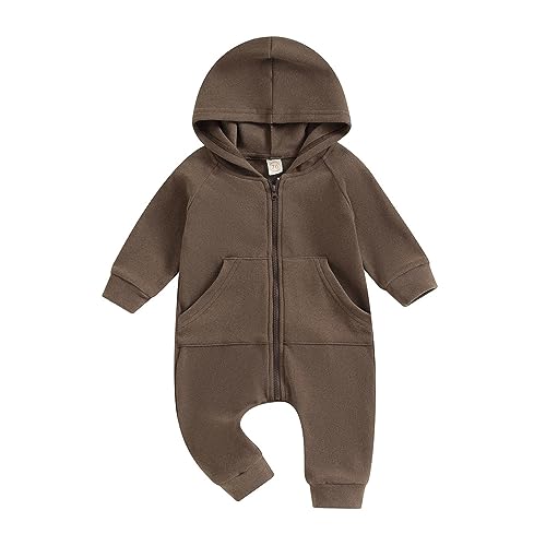 Image of FYBITBO Infant Baby Boys Girls Clothing Zipper Hooded Jumpsuit Romper Long Sleeve Onesie Outfit Fall Winter Warm Clothes