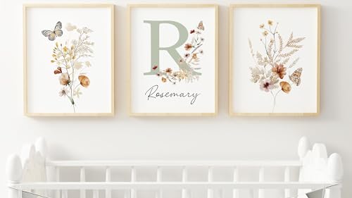 Personalized Wildflower Nursery Prints, Custom Floral Name Wall Art, Baby Girl Initial Monogram Posters, Boho Watercolor Wild Flower Artwork – Neutral Room Decor – Unframed (11×14)