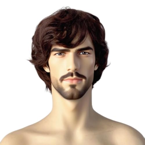 Peruca castanha para homem, Peruca postiça curta para homem, Peruca de rapaz de banda, Anos 60 70 80 de disco de punk rock para festa Halloween cosplay (castanho)