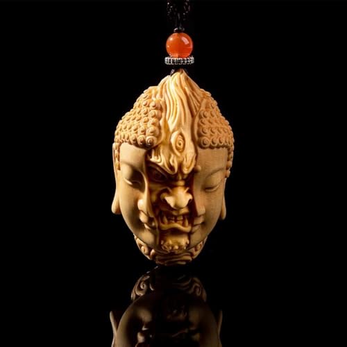Handcarved Dual-Face Buddha Demon Wooden Pendant Necklace, 2.3 x 1.35 inches (01)3