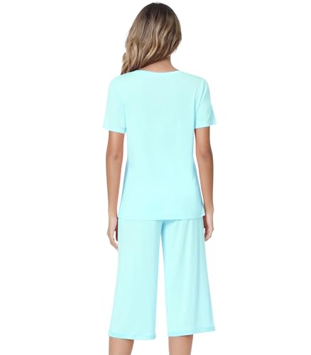 Image of NACHILA Pajamas for Women-Viscose Made from Bamboo,Satin Crew Neck Pajama Sets Short Sleeve Pjs with Capri Pants