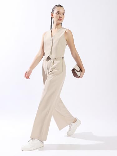 Image of High Star Women Solid Regular length Tailored Fit V neck Sleeveless Waistcoat and Wide leg Trouser Co-ord Set