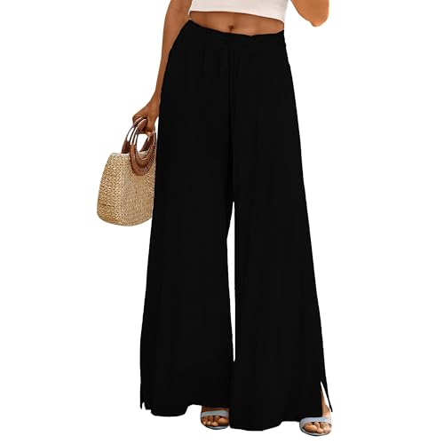 Women's Casual High Waist Wide Leg Pants Summer Solid Color Long Wide Leg Pants Casual Beach Pants with Pockets