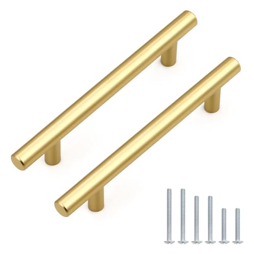 Probrico 12 Pack Hole Centers (102mm) 4inch Polished Gold Kitchen Cabinet Pulls Stainless Steel Gold Cabinet Handles Round T Bar Pull Handle for Cabinets and Drawers Total Length 6.34inch(161mm)