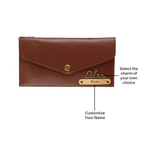 Image of AICA Personalised Name & Charm Leather Wallet Gift for Women(Brown) | Corporate Gift for Women Office Employee Client