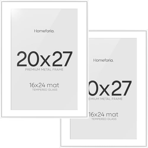 Image of Homeforia 20x27 Picture Frame White, High End Metal 20x27 Poster Frames with Mat 16x24 Photo, 20 x 27 White Frame Matted to 16 by 24 Print, 27by20 Thin Hanging Frames, Tempered Glass, Wall Kit, Set of 1