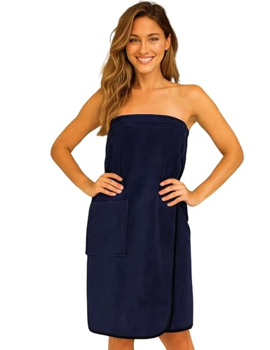 Morgonstjärna bastuhandduk för kvinnor med knapp och ficka 100 % bomull frotté Oeko-TEX 90 x 145 cm handduk med elastiskt band Katja blå marin