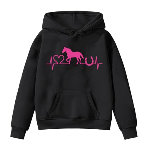bgyujn Hochwertige Langärmlige Mädchen Hoodies mit Einzigartigem Pferde-Print für Aktive Kinder Bequem Stylisch für Sport oder Freizeit (Black, 8-9 Years)