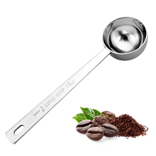 Kzouenzu Edelstahl Kaffeelöffel, 15ml Kaffeedosierlöffel, Kaffeelot, Kaffeelöffel mit Langem Griff, für Tee Kaffeesatz, Bohnen, Gewürze(Silber)