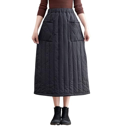chouyatou Women's Winter Elastic Waist A-Line Quilted Midi Long Insulated Skirt with Pockets
