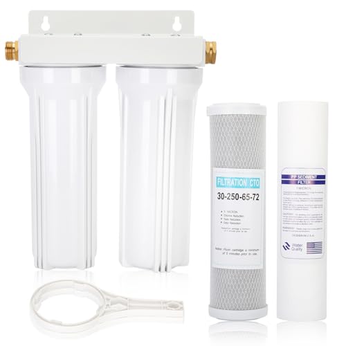Image of External RV Dual Water Filter System Includes Mounting Bracket and Two Filters, Two 3 /4 inch GHT Brass Fittings For RVs, Yachts, Homes, Boats For Reducing Sediment, Rust, Scale Particles and Chlorine Odor