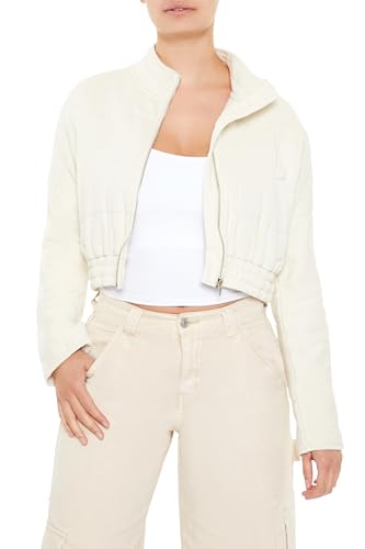 Forever 21 Quilted Zip-up Cropped Jacket Abrigo, JardĂn Blanco/Opulento, XS Mujeres