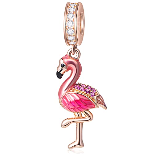Rose Gold Flamingo Pendant Charms, fit Pandora Mothers Day Bracelet, 925 Sterling Silver Tropical Bird Dance Flamingo Dangle with Pink Enamel Beads, Gift for Lover/Family/Birthday