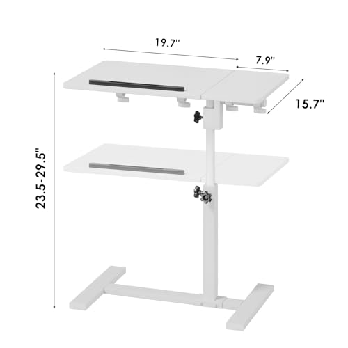 Image of Laptop Desk Bedside Table with Wheels Laptop Stand for Couch Adjustable Tv Tray C End Table, Mobile Sofa Snack Table with Tiltable Top, White