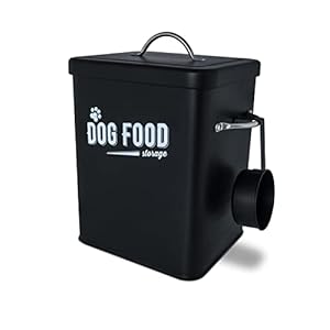 Supremery Caja de comida para perros con cuchara dosificadora, caja de almacenamiento de metal para comida para perros, tapa de lata de comida, recipiente vintage para comida para perros, color gris