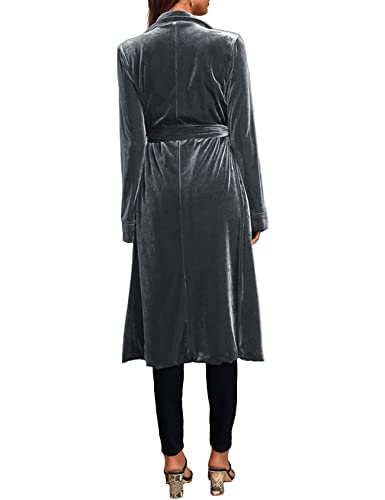Flygo Women's Long Velvet Cardigan Jacket Lapel Belted Open Front Duster Blazers Sweater2