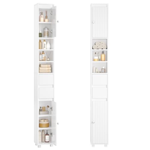 FORABAMB Meuble Colonne de Salle de Bain, Meuble de Rangement avec Étagères Réglables, 2 Tiroirs, Compartiments Ouverts, Armoire Toilette Haute pour Les Petits...