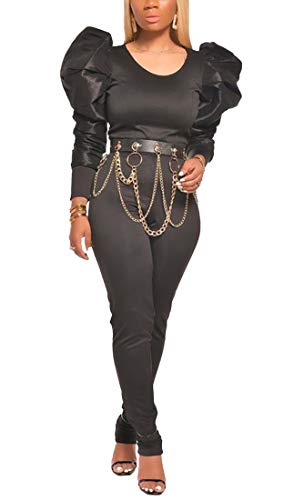 Aro Lora Womens Bodycon 2 Piece Outfit Jumpsuit Long Puff Sleeve Crop Top and Pant Set Clubwear Small Black