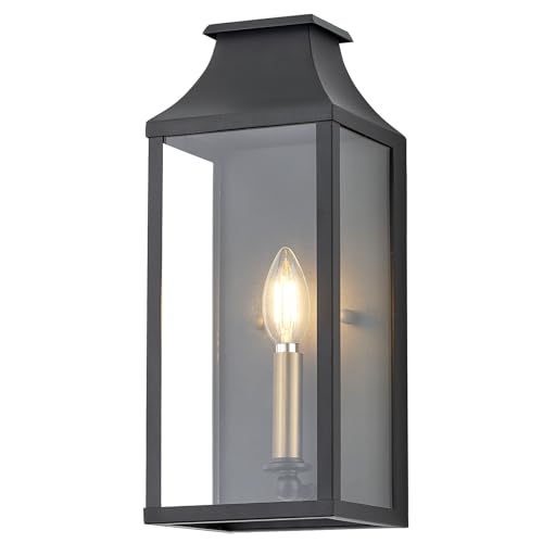 Image of 14 inch Small Classic Outdoor Wall Lantern Light for House Exterior,Handcrafted Satin Black Metal Cage Mounted Pocket Wall Sconce W /Clear Tempered Glass,Waterproof for Porch, Patio, Garage&Front Door E12