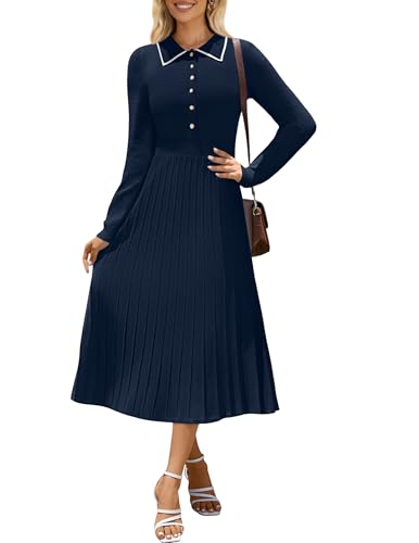 MIROL Women's Pleated Contrast Sweater Dress 2025 Fall Long Sleeve Button Lapel Collar Maxi Bodycon Dress