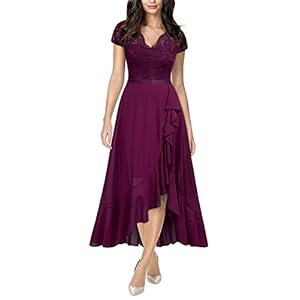 Miusol Women's V Neck Elegant Lace Ruffle Bridesmaid Maxi Dress (X-Large, Magenta)