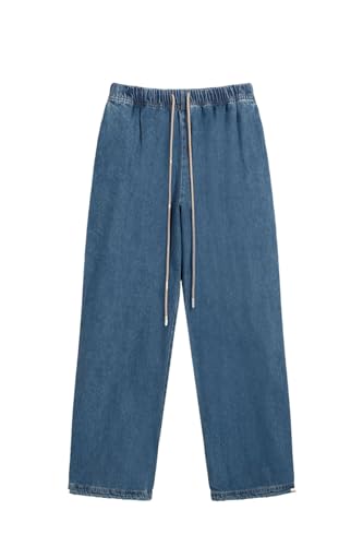 Men’S Loose Fit Straight Leg Denim Pants with Drawstring Elastic Waist Casual Bell Bottom Jeans