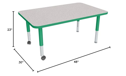 Image of Sprogs Adjustable Height Mobile Classroom Activity Table for Preschools, Rectangle Preschool Activity Table with Casters, 30 inchD x 48 inchW x 23 inchH, Gray /Green