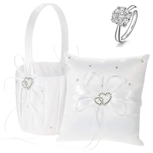 Ensemble coussin d'alliances et panier de mariage en satin blanc et dentelle