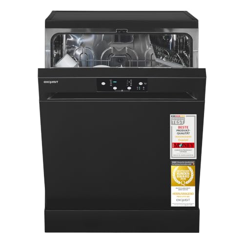Exquisit Geschirrspüler | 60cm Breite, 14 Gedecke, Energieklasse D, 49 dB |Startzeitverzögerung, Aquastop, Mehrfach Wasserschutz, höhenverstellbarer Oberkorb, Edelstahl-Bottich | GSP9114-450D schwarz