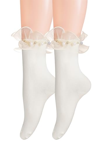 CAT KO 2 Pairs Women Ankle Socks Lace Ruffle Frilly Pearl Soft Cotton Princess Girls socks for Lolita