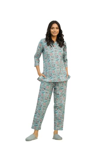 Image of SANSKRUTIHOMES Women's Premium 100% Cotton Printed Co-Ord Set | Short Sleeve Shirt & Pant Set | Pink Checkered Sun & Palm Tree Print | Casual Summer Resortwear, Vacation Wear & Comfortable Loungewear