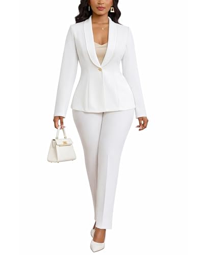 Kafiloe Pant Suits for Women Dressy Long Sleeve Blazer Sets 2 Piece Outfit Business Casual Work Set White M