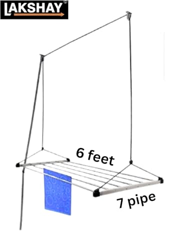 Image of LAKSHAY Heavy Duty Stainless Steel 7 Pipe X 6 Feet (Blue) Economy Model with UV Protected Nylon Rope Ceiling Cloth Dryer | Cloth Drying Stand for Balcony | Clothes Stand for Drying