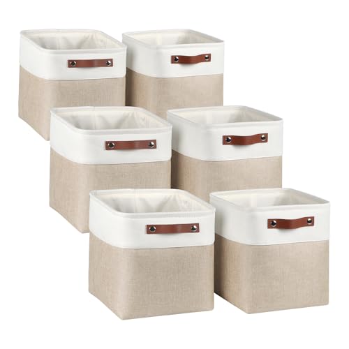 Fabric Storage Cubes 10.5×10.5x11in, Cube Storage Bins Organizers | Small Storage Cubes, Foldable Storage Basket, For Shelves Closet Organizers, with PU Leather Handle, 6 Pack, Beige