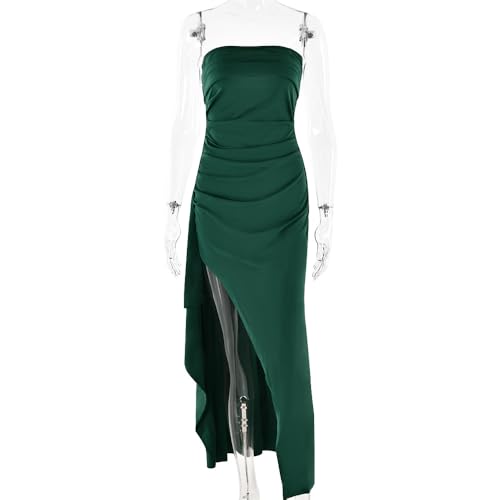 Image of Women's Sexy Strapless Backless High Split Long Maxi Dress Ruched Off Shoulder Sleeveless Bodycon Party Cocktail Dresses