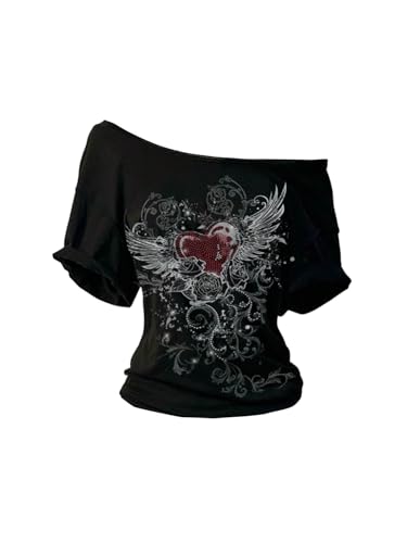 SweatyRocks Women's Goth Graphic Tees Off The Shoulder T Shirt Short Sleeve Trendy Tops