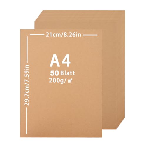 Lot de 50 feuilles de papier kraft 200 g, format A4, papier kraft marron, format A4, 210 x 297 mm,marron, pour cartes d'invitation, faites à la main