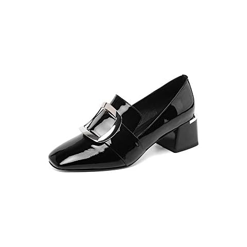 TinaCus Women's Patent Leather Handamde Square Toe Metal Buckle Low Chunky Heel Slip On Casual Pumps, Black, 4.5 Cover
