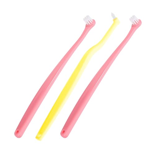 DIYEAH Cepillo de Dientes Suave para Mascotas 3 Piezas Cabezas Redonda y Puntiaguda, Colores Amarillo y Rosa, para Perros Pequeños y Gatos, Cuidado Bucal Diario y Limpieza Dental Eficaz