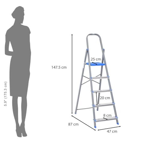 Image of Nilkamal Rise 5 Step Heavy Duty Steel Ladder with Aluminium Steps | for Home Use | Climb Easy Anti-Slip Steps | Secure Safety Clutch Lock | 150 kg Capacity | 1 Year Warranty